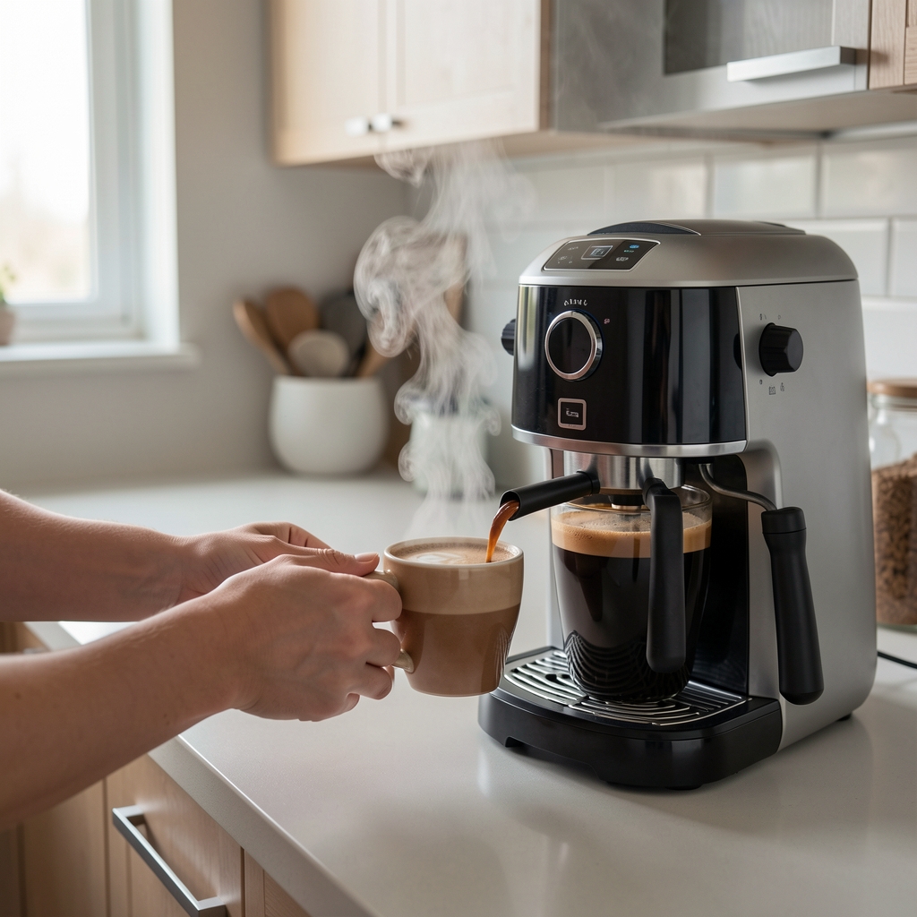 Mâini care ajustează o râșniță de cafea lângă un espressor profesional cu abur vizibil în bucătărie modernă