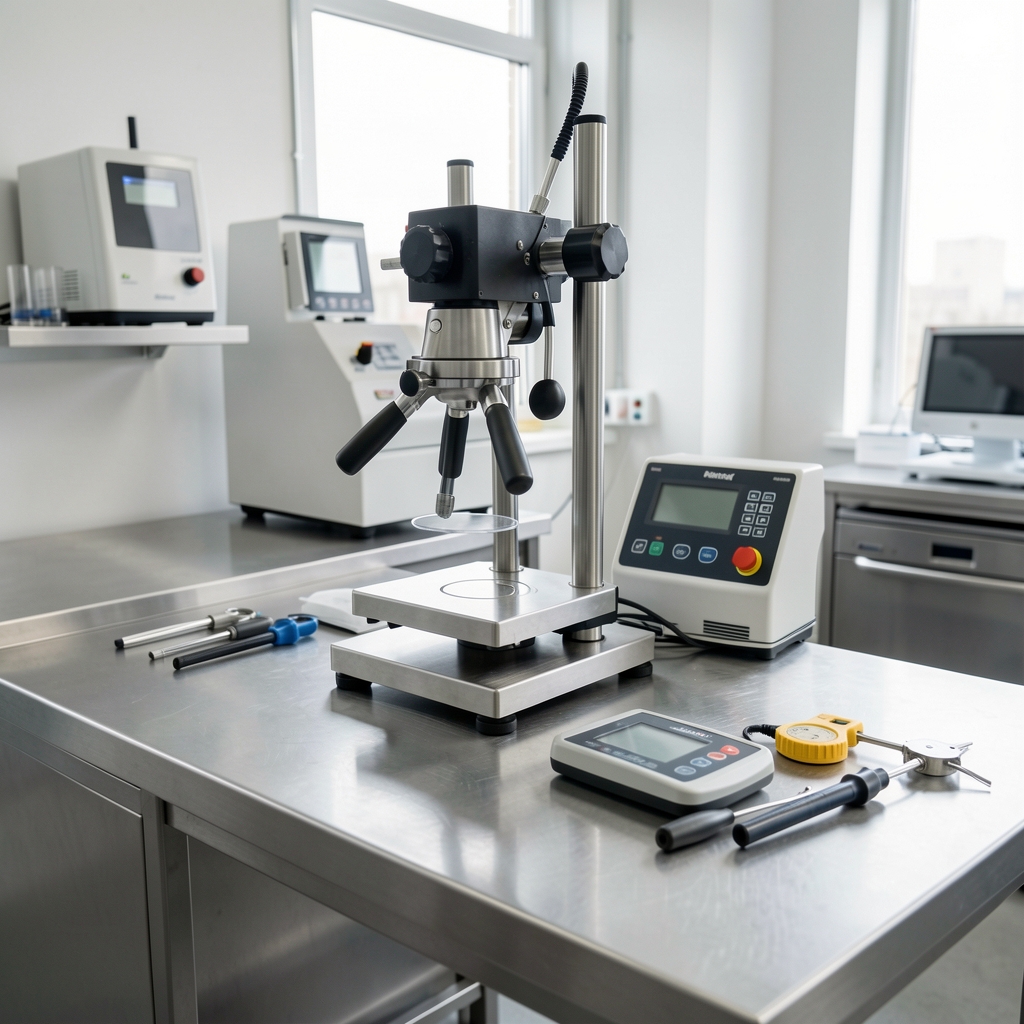Laborator de testare aparate de bucătărie cu blat de lucru din inox, espressor montat pe suport de testare și instrumente de măsurare profesionale
