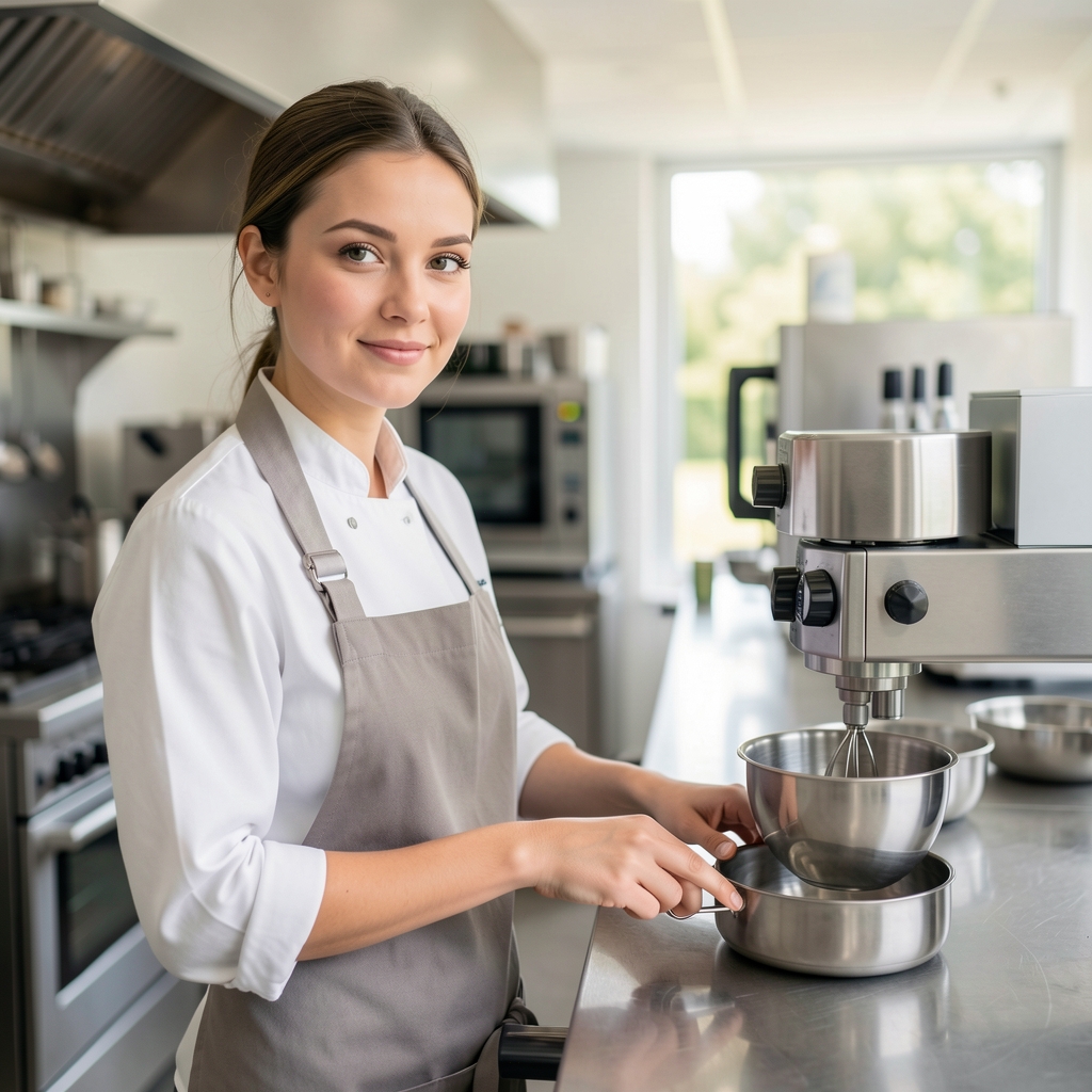 Echipa Everquoin testând aparate de bucătărie moderne într-un laborator culinar luminat cu blat din inox și echipamente profesionale