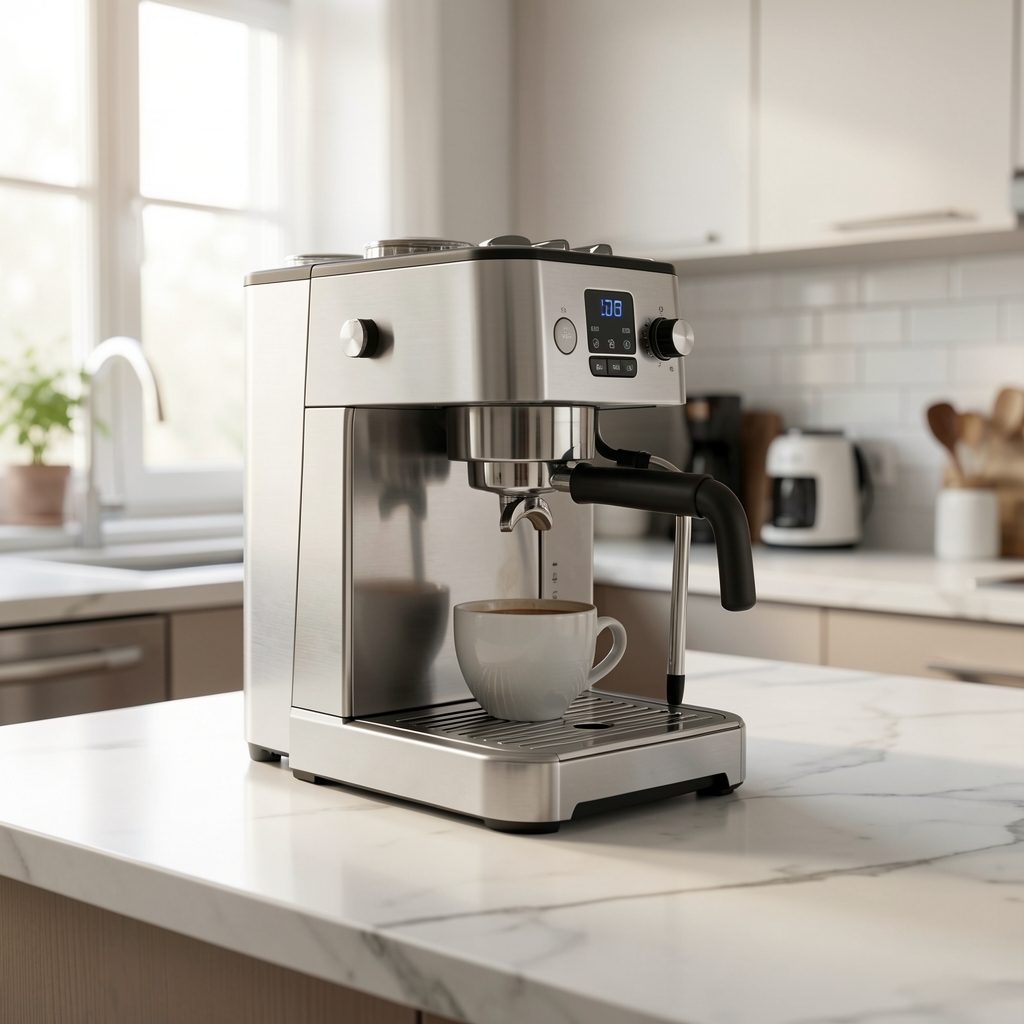 Ghid alegere espressor automat - espressor de inox cu ceașcă de espresso doppio pe blat de marmură în bucătărie luminoasă