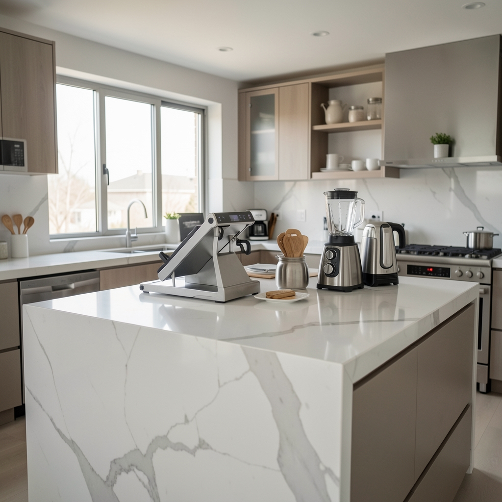 Bucătărie modernă deschisă cu insulă centrală din marmură albă, espressor automat integrat, blender profesional și aparate premium din inox pe blat