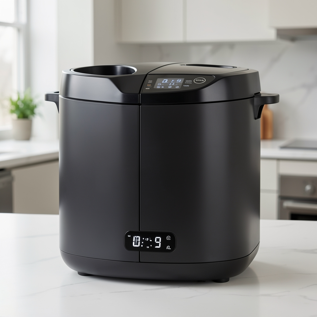 Friteuză cu aer cald Ninja AF300 cu coș dublu din plastic negru și afișaj LCD pe blat de bucătărie deschisă