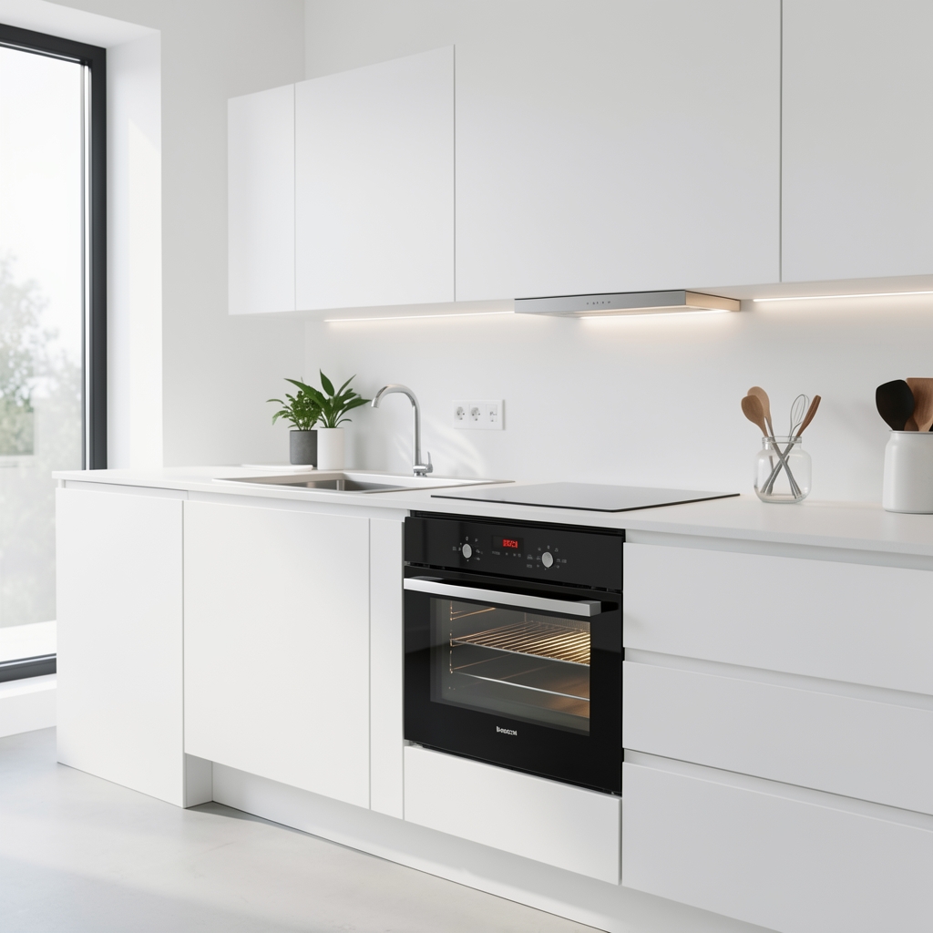 Cuptor electric Bosch multifuncțional cu 13 funcții de gătire, uşă din sticlă dublă și led interior integrat în bucătărie modernă