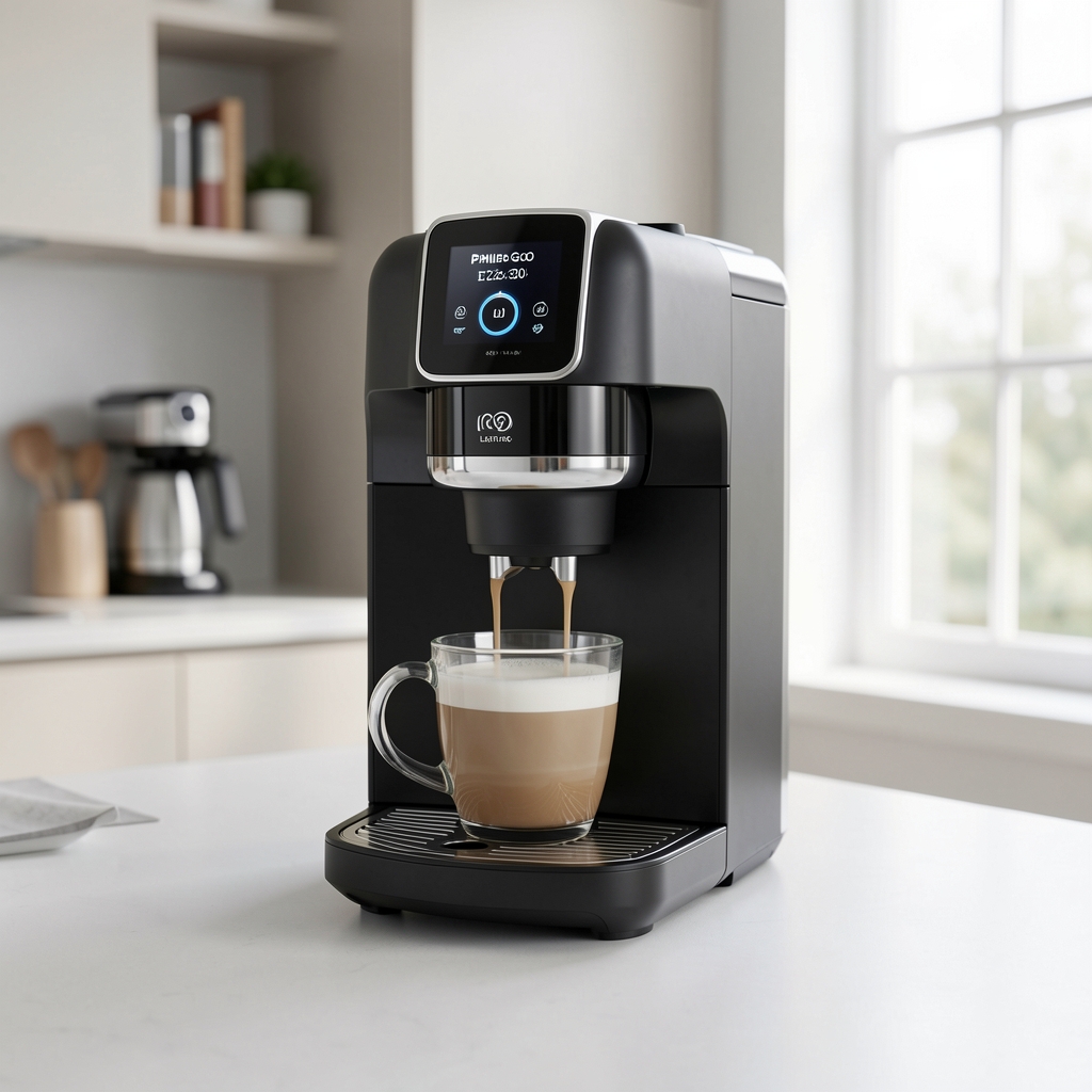 Espressor automat Philips 3200 Series LatteGo din plastic negru cu sistem de lapte integrat și panou tactil pe blat alb
