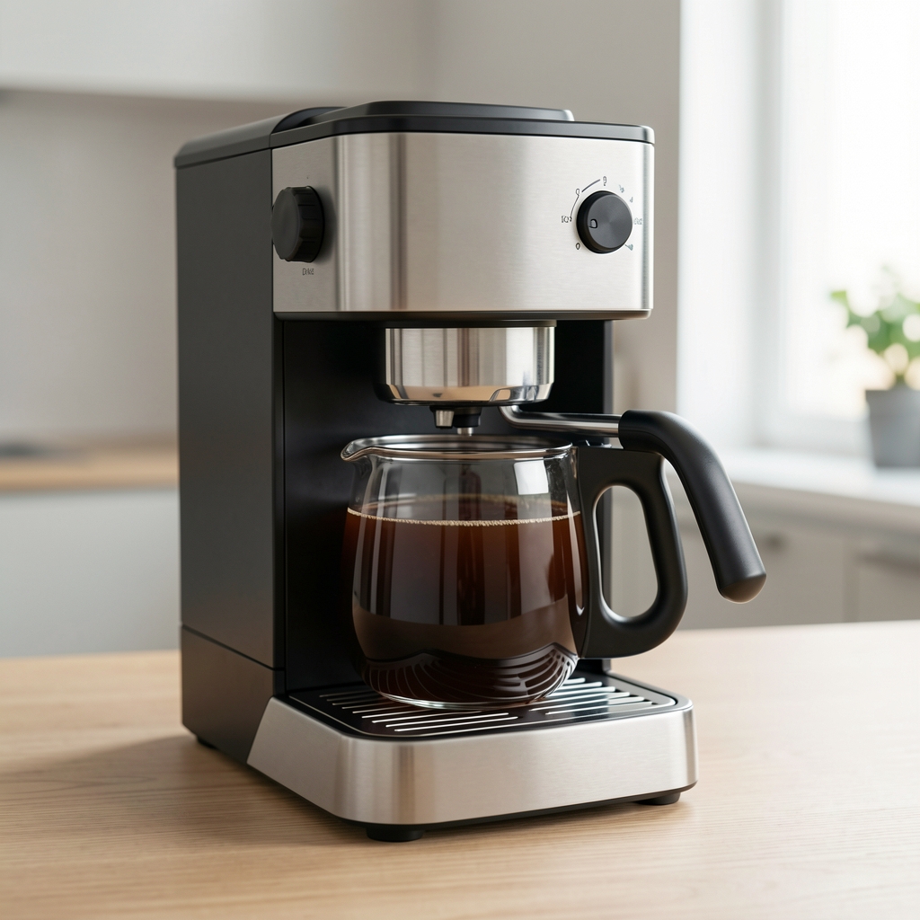 Espressor De'Longhi Magnifica Evo din inox și negru cu râșniță integrată și ecran tactil pe blat din lemn