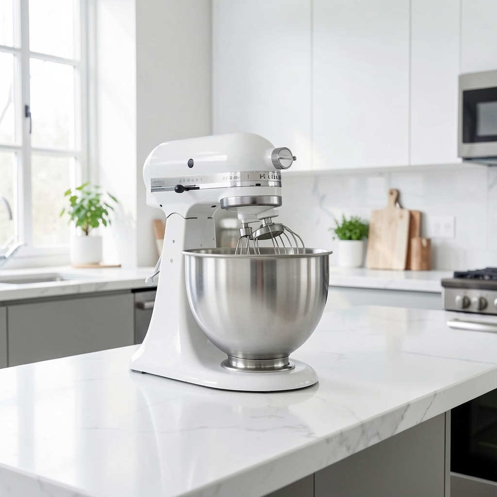 Robot de bucătărie KitchenAid Artisan alb cu bol inox 4.8L și accesorii diverse pe blat de marmură albă